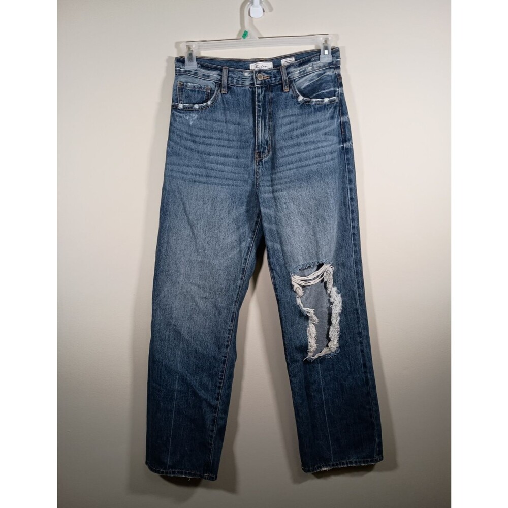 KanCan Jeans Womens Medium High Waisted Wide Leg Distressed Button Size 7 27